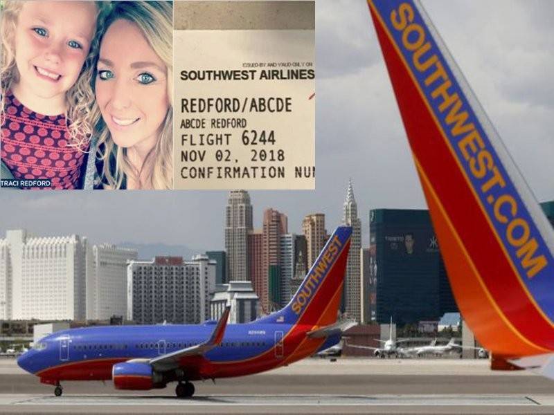 Syarikat penerbangan Southwest Airlines meminta maaf susulan insiden kakitangannya mengejek nama seorang penumpang kanak-kanak berusia lima tahun, (gambar kecil) Traci Redford dan anak perempuannya, Abcde. - Foto abc7.com/BBC