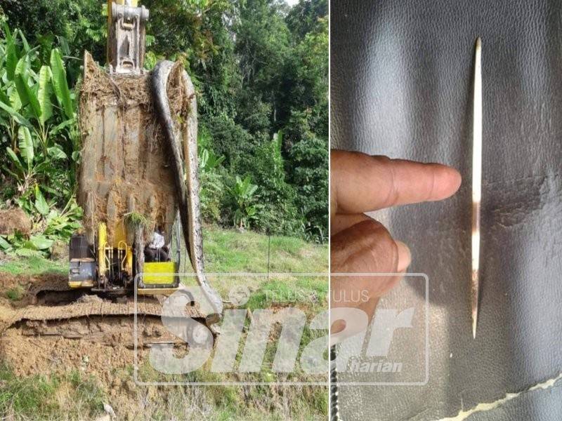 Ular sawa yang menyusur masuk ke bawah jengkaut yang dipandu Musliadi pagi, semalam. (Kanan: Bulu landak yang keluar dari mulut ular sawa terbabit.) 