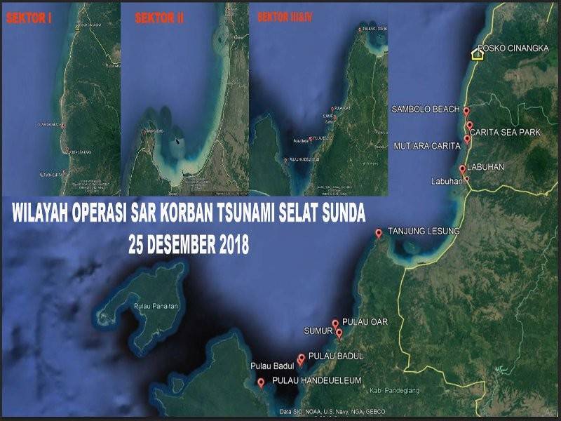 Misi pencarian dibahagi kepada empat sektor iaitu dari Wilayah Cinangka hingga Carita, Wilayah Labuhan hingga Tanjung Lesung, Eilayah Tanjung Lesung hingga Sumur dan dari Wilayah Pulau Oar ke Pulau Badul.
