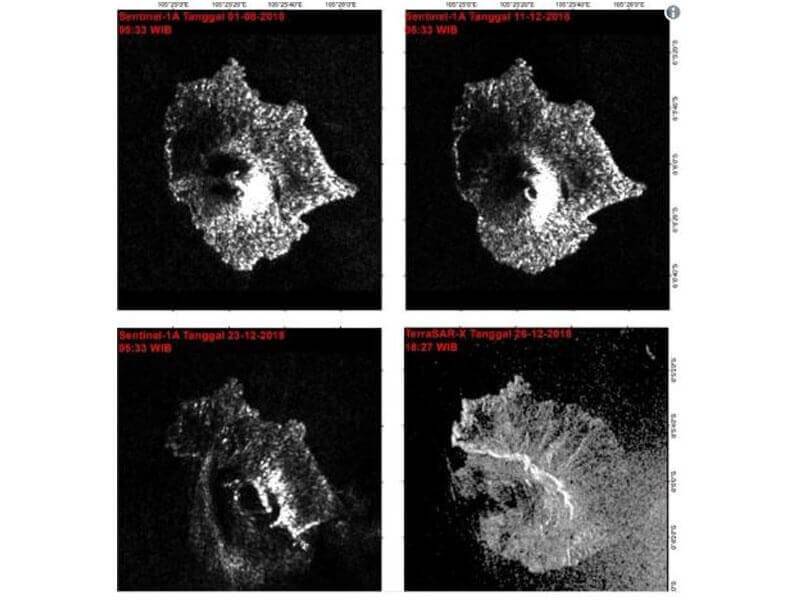 Kombinasi gambar menunjukkan keadaan Anak Krakatau yang semakin 'hilang' selepas aktivitinya meningkat sejak akhir-akhir ini. 