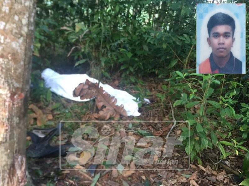 Mayat mangsa ditemui berhampiran motosikalnya di dalam sebuah kebun getah di Jalan Asahan Jementah di sini. Gambar kecil, Muhammad Harith Ishak.