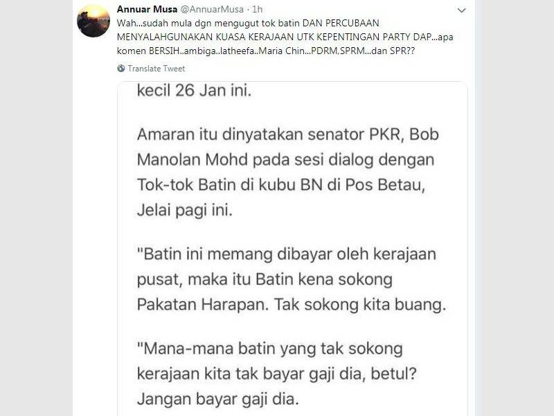 Paparan skrin ciapan Annuar yang membidas kenyataan Bob Manolan.