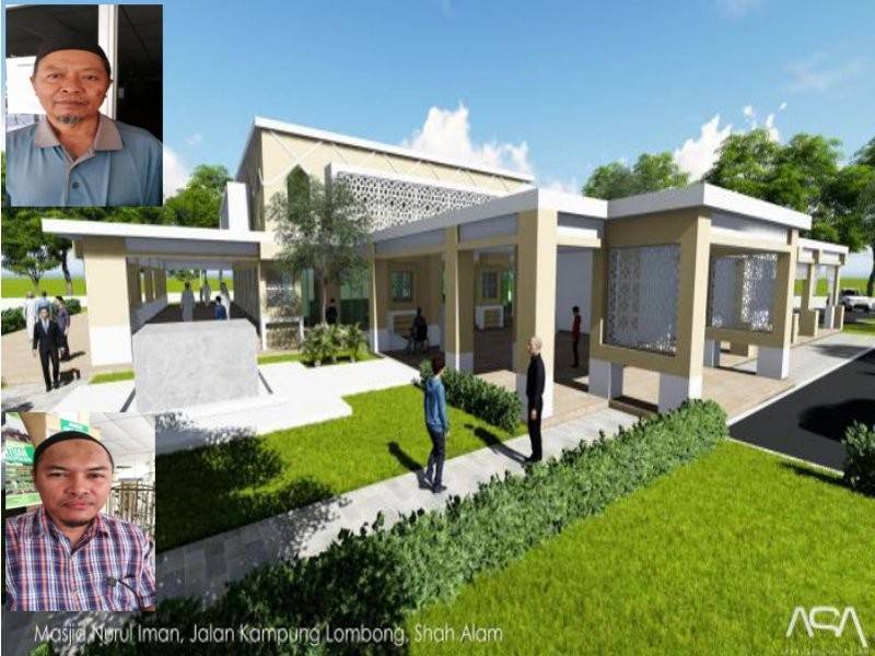Pelan lakaran grafik reka bentuk Masjid Nurul Iman yang bakal dibina. Gambar kecil atas, Mohd Sairi dan Mohd Noor.
