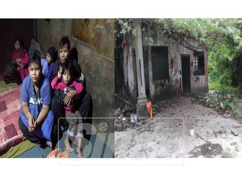 Siti Fatimah dan anak-anaknya yang hidup dalam keadaan daif dan serba kekurangan. Gambar kanan, keadaan luar bangunan usang disebalik ruang yang menjadi tempat tinggal Siti Fatimah dan anak-anaknya.