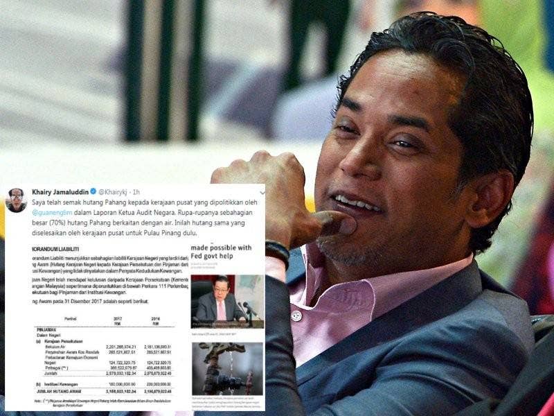 Ciapan Khairy di Twitter menyatakan mengenai 70 peratus daripada hutang kerajaan Pahang kepada kerajaan pusat adalah berkaitan air.
