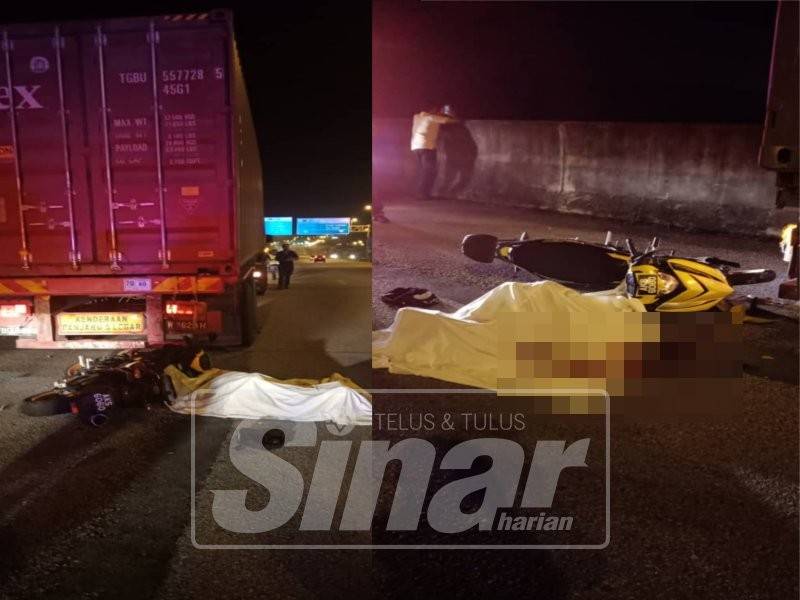 Keadaan kemalangan melibatkan motosikal dan treler di lokasi kejadian.