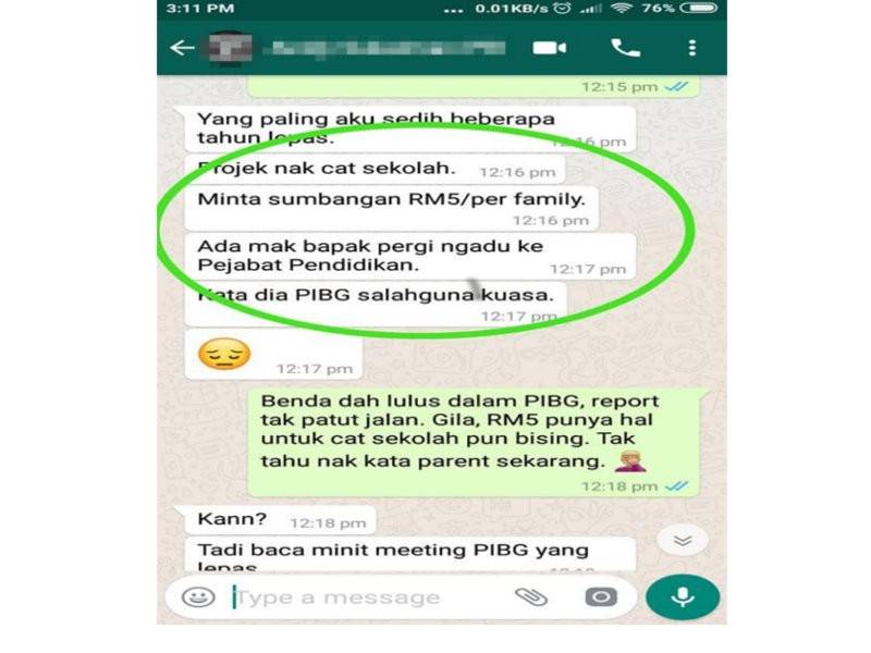 Antara perbualan WhasApp Fadli dan rakannya mengenai sikap ibu bapa dan penjaga yang berkira untuk menyumbang walaupun hanya RM5.