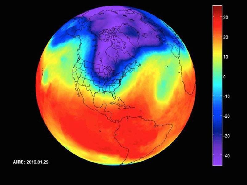 Data inframerah yang menunjukkan vorteks kutub yang bergerak dari Kanada Tengah ke Midwest AS dari 20 hingga 29 Januari lalu.