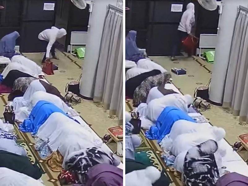 Seorang lelaki telah menceroboh ruang solat wanita sebelum melarikan beg tangan berisi wang tunai dan telefon bimbit