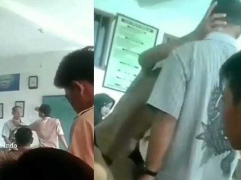 Rakaman seorang pelajar menolak kepala gurunya di Gresik, Jawa Barat.