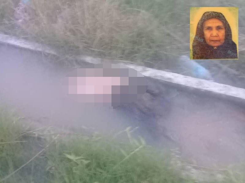 Mayat warga emas, Hamidah (gambar kecil) ditemui terapung dalam parit tepi sawah. Foto: PEMBACA SINAR HARIAN