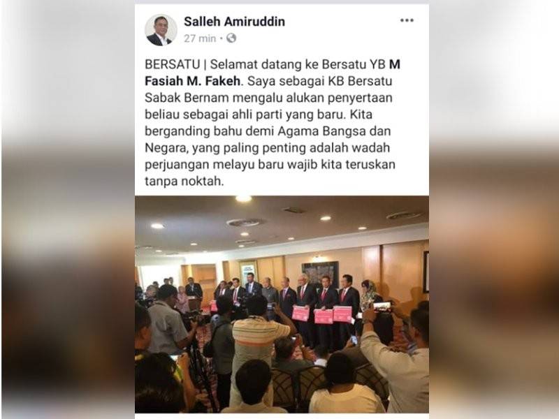 Kenyataan Sallehuddin mengenai kemasukan Mohd Fasiah ke dalam Bersatu.