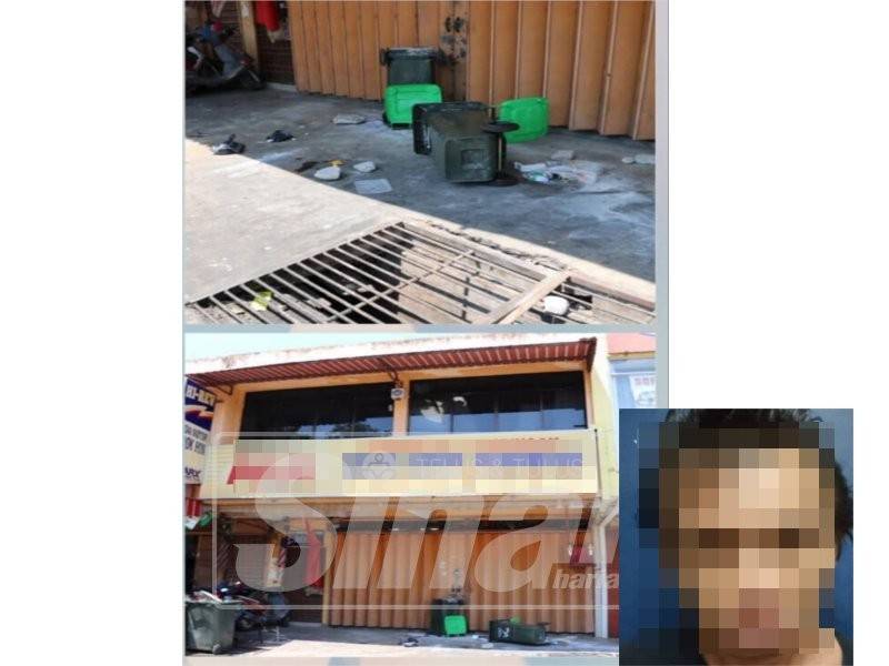Gambar atas -Sampah dilonggokkan suspek di hadapan kedai tersebut. Gambar bawah: Kedai mangsa. Gambar kecil, suspek yang ditahan polis petang tadi.