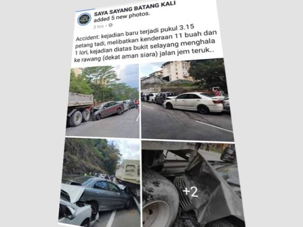Insiden pelanggaran lebih sepuluh kenderaan itu dikongsikan di laman sosial Facebook Saya Sayang Batang Kali.