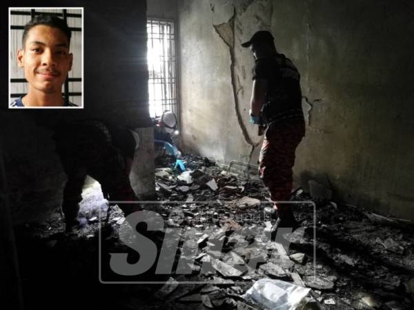 Anggota forensik Jabatan Bomba dan Penyelamat sedang menjalankan siasatan di bilik asrama yang terbakar. Gambar kecil: Ammar