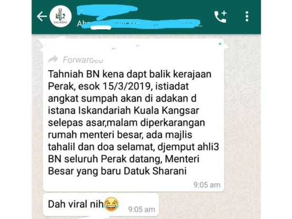 Tangkap layar dari satu grup WhatsApp mengenai mesej tular kononnya ada upacara angkat sumpah petang ini.