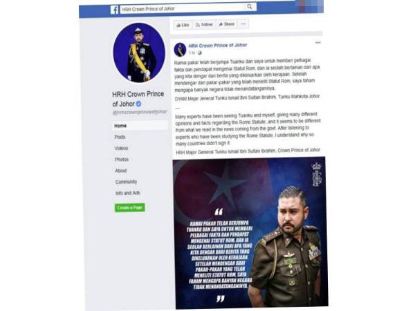 Status yang dimuat naik oleh Tengku Mahkota Johor di laman Facebook hari ini.