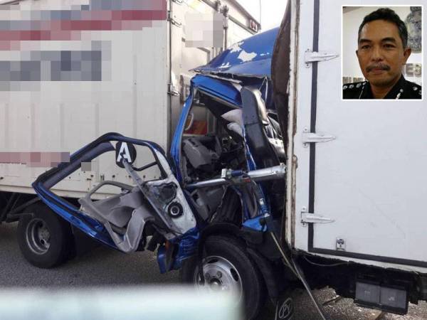 Keadaan lori dipandu mangsa remuk bahagian hadapan selepas merempuh sebuah lagi lori.Gambar kecil: Mohd Ali