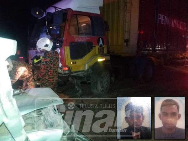 Anggota bomba mengeluarkan mangsa dari kenderaan. Gambar kecil: Noor Izmie dan Noor Irwan Shah - Foto Sinar Harian: IHSAN BOMBA