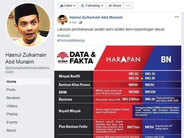 Hasnul turut berkongsi perbandingan tersebut di Facebooknya.
