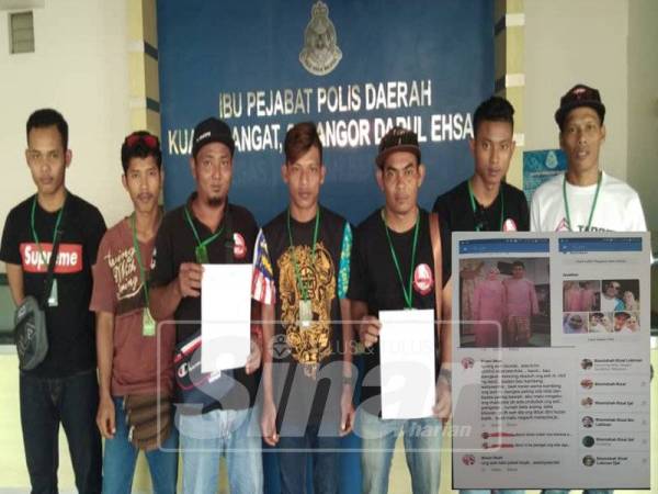 Yahya (tiga dari kiri) bersama belia Orang Asli Kuala Langat dan Tanjung Sepat selesai membuat laporan polis di IPD Kuala Langat. Gambar kecil, kenyataan jelik yang dimuat naik pengguna Facebook ini mengguris hati masyarakat Orang Asli.