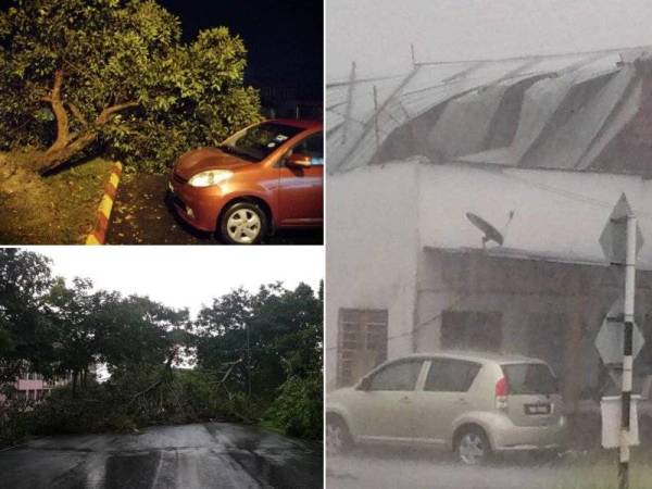Pokok tumbang menghalang jalan dan bumbung rosak akibat ribut.