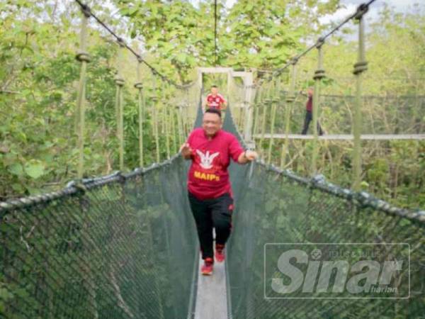 Syed Faizuddin berjalan di atas titian kanopi yang terdapat di Stesen Penyelidikan Mata Ayer, Institut Penyelidikan Perhutanan Malaysia (FRIM), kelmarin.