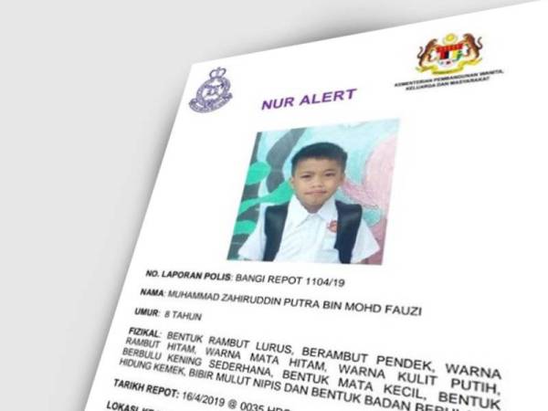 Laporan kehilangan Muhammad Zahiruddin Putra Mohd Fauzi dibuat bapa mangsa di Balai Polis Bangi, awal pagi tadi.