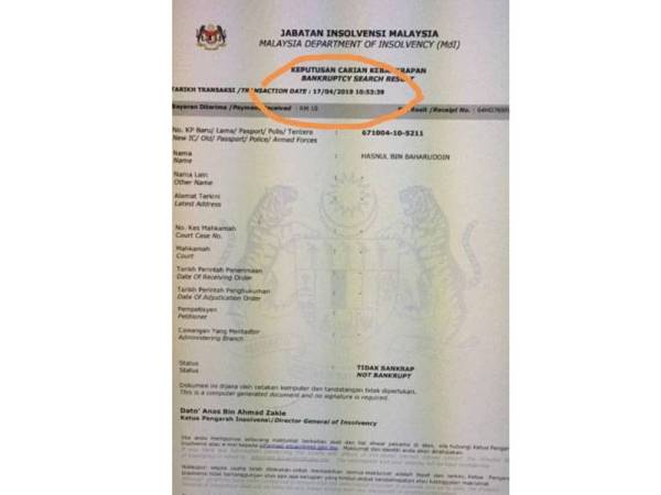 Pengesahan status bankrap membuktikan nama Hasnul tidak tersenarai.
