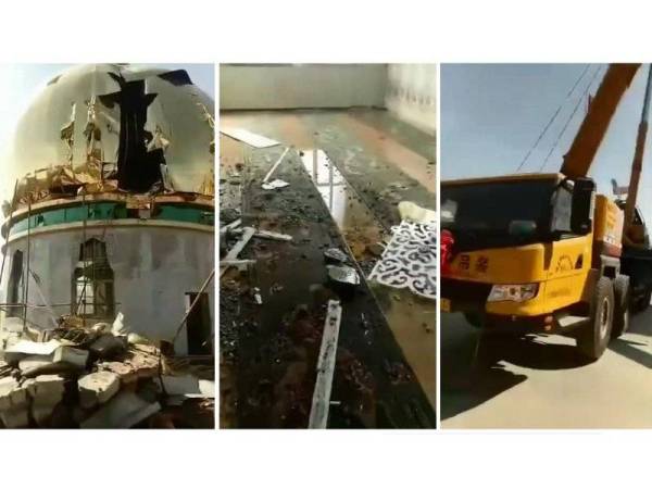 Kombinasi gambar menunjukkan keadaan masjid tersebut yang dirobohkan separa di perkampungan Gazhuang, wilayah Gansu. 