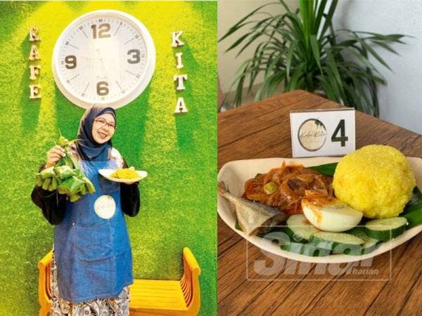 Siti Anita menunjukkan ketupat yang belum direbus, antara menu wajib ada di Kafe Kita.(Kanan: Pulut kuning dan rendang antara menu yang disediakan di Kafe Kita.)