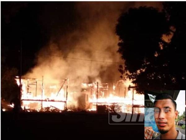 Kebakaran membabitkan dua rumah di Kampung Rhu Renggeh di sini, malam tadi. Gambar kecil, jiran mangsa, Mohd Khairul Zulkifli.