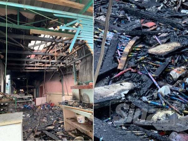 Kejadian kebakaran menyebabkan stor belakang rumah suspek di Jalan Kampung Benggali, Taiping musnah. (Kanan: Kesan mercun ditemui selepas kejadian kebakaran, dipercayai disimpan suspek secara tidak sah di stor belakang rumahnya di Jalan Kampung Benggali, Taiping semalam.)