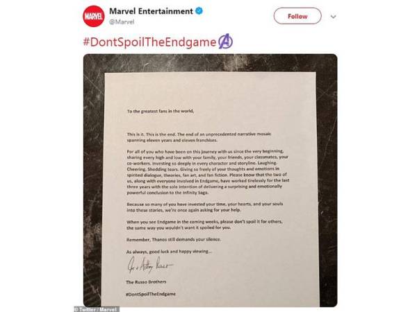 Surat terbuka pengarah filem Avengers: Endgame meminta peminat tidak menceritakan penamat filem terbabit kepada yang belum menontonnya.