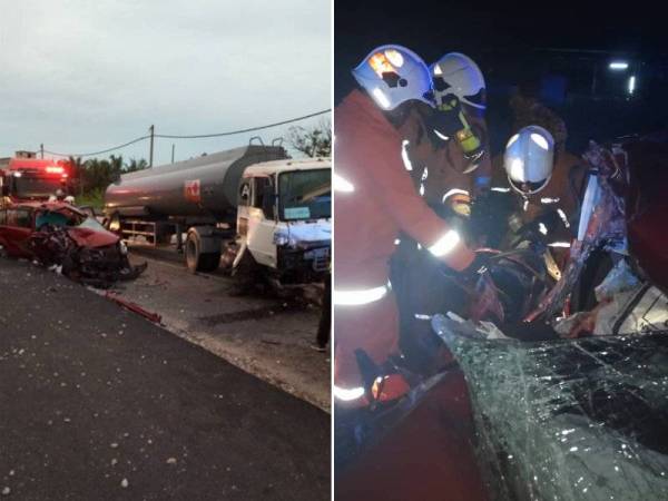 Suami maut tersepit, kereta langgar lori tangki