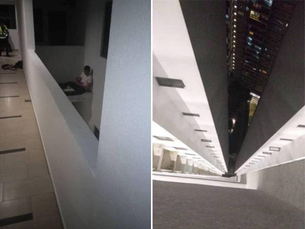 Lelaki berusia 30-an ini dipercayai dalam pengaruh alkohol. Gambar kanan: Bomba berjaya menyelamatkan seorang lelaki daripada terjatuh dari tingkat 35 sebuah apartmen di Setapak, di sini dalam kejadian malam tadi.