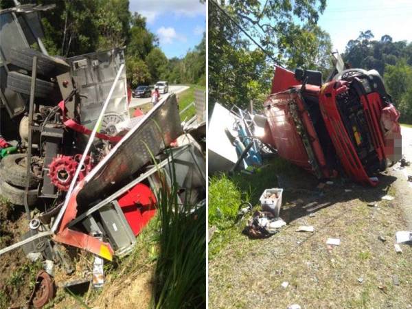 Keadaan jentera bomba yang terbalik menyebabkan tiga anggotanya cedera.