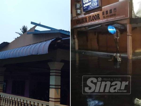 Bahagian bumbung sebuah rumah yang rosak serta keadaan banjir yang melanda Pusat Bandar Parit Buntar malam semalam.