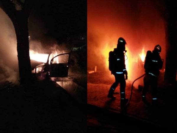 Anggota bomba memadamkan kebakaran kereta yang mengakibatkan dua mangsa cedera parah dalam kejadian itu. - Foto Jabatan Bomba dan Penyelamat Selangor