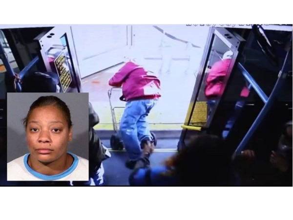 Rakaman CCTV menunjukkan mangsa ditolak dan jatuh tersembam ke laluan pejalan kaki oleh seorang wanita dalam kejadian di Las Vegas pada 21 Mac lalu. Gambar kecil: Cadesha Bishop