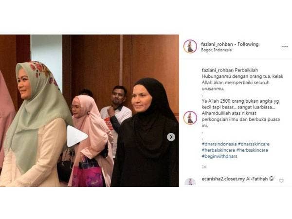 Antara tangkap layar kata-kata terakhir Allahyarham Faziani Rohban Ahmad di Instagramnya.
