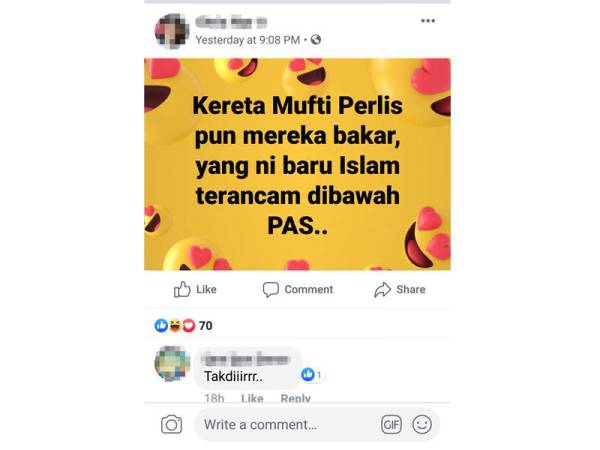 Beberapa kenyataan di laman sosial menuduh penglibatan Pas dalam kes membakar kereta rasmi Mufti Perlis.