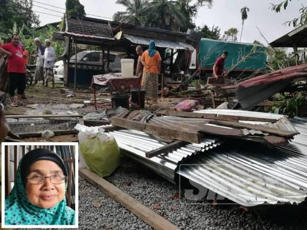 Kerja- kerja membersih persekitaran stor simpanan buah Siti Hawa sedang dilakukan anak dan jiran- jirannya. (Gambar kecil: Siti Hawa)