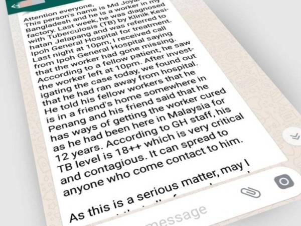 Mesej yang tular di media sosial mengatakan seorang pesakit TB lelaki warga Bangladesh melarikan diri ketika mendapatkan rawatan di HRPB.