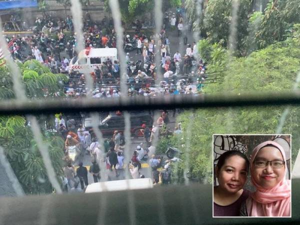 Gambar penunjuk perasaan yang dirakam Nur Amira ketika berada di dalam lif hotel. (Gambar kecil: Nur Amira (kanan) bersama ibu saudaranya Haslinda.)