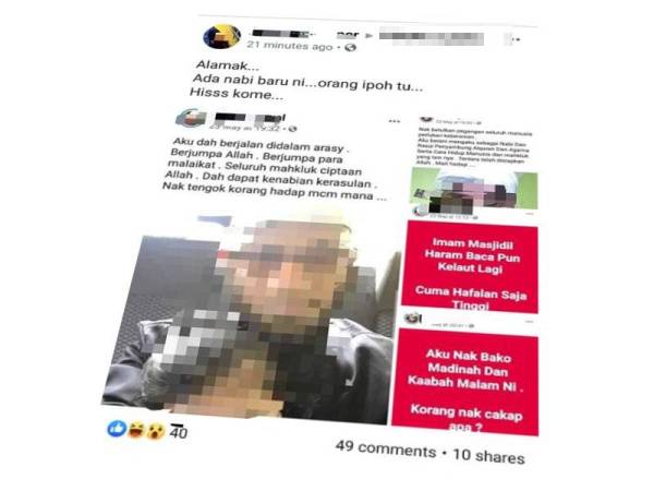 Paparan skrin status lelaki berkenaan yang tular selepas dia mengaku dirinya nabi