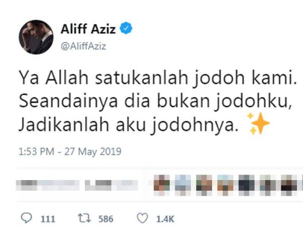 Ciapan Aliff Aziz di laman mikro Twitter miliknya.