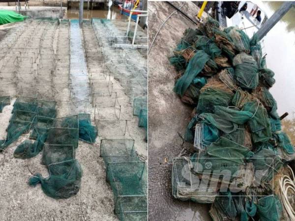 Peralatan bubu naga yang tidak dilesenkan Jabatan Perikanan Negeri Kedah. (Kanan: Antara bubu naga yang dirampas APMM.)