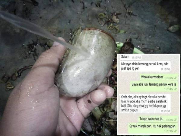 Proses membasuh kelongsong periuk kera dilakukan beberapa kali sehingga bersih. (Gambar kecil: Antara perbualan pelanggan yang terkesan dengan artikel viral.)