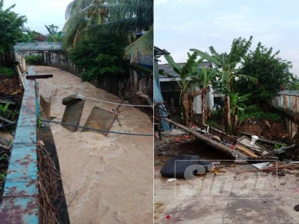 Keadaan hujan sejak kebelakangan ini menyebabkan arus dalam longkang monsun itu semakin deras dan melemahkan struktur tanah. (Kanan: Keadaan hakisan pada longkang yang terletak berhampiran Jalan Tembusu semakin menghampiri kediaman penduduk di sini.)